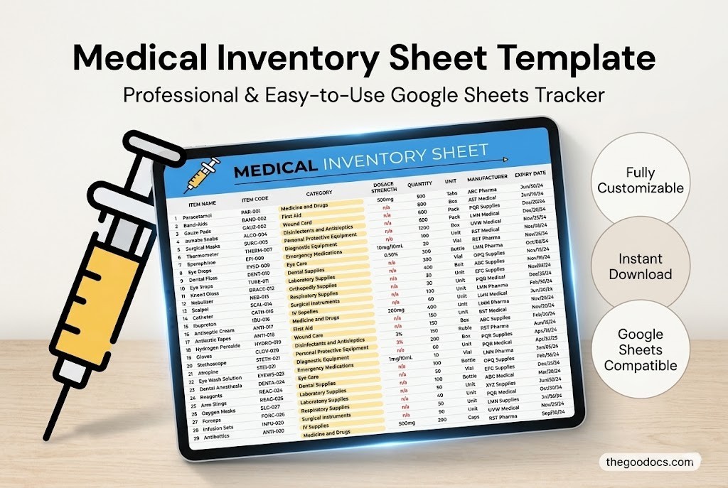 Preview of Medical Inventory Sheet for Google Sheets and Microsoft Excel - View 1