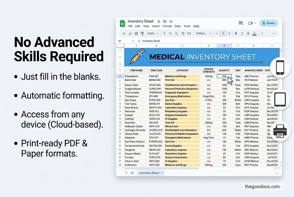 Preview of Medical Inventory Sheet for Google Sheets and Microsoft Excel - View 4