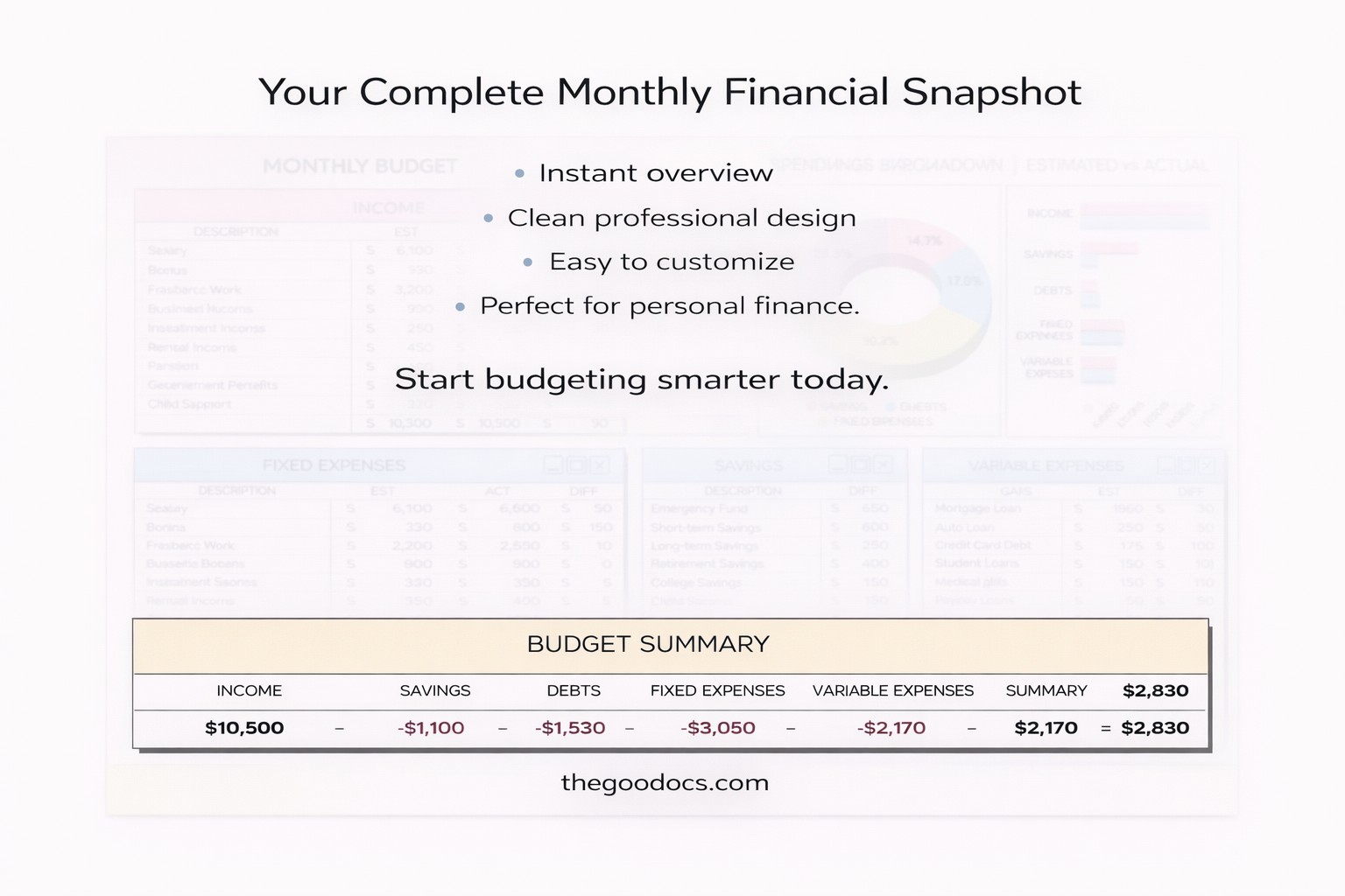 Pré-visualização de Orçamento Mensal Pessoal Profissional para Google Sheets and Microsoft Excel - Ver 5
