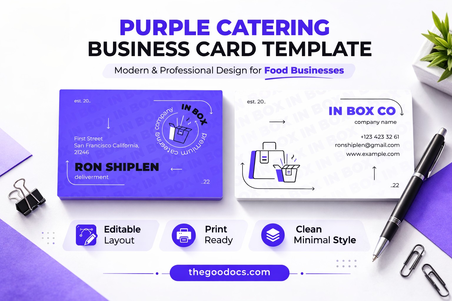 Pré-visualização de Cartão de visita Purple Catering para Google Docs and Microsoft Word - Ver 1