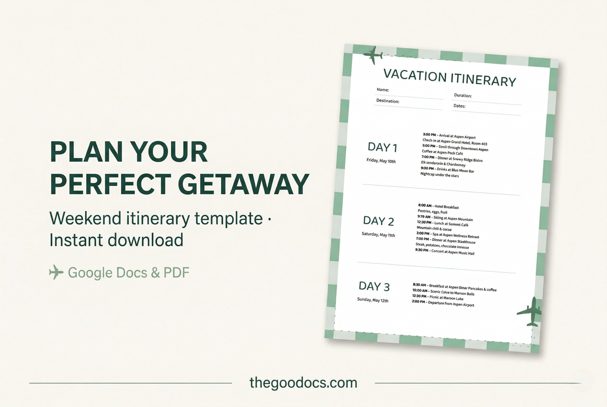 Preview of Weekend Vacation Itinerary Template for Google Docs and Microsoft Word - View 1