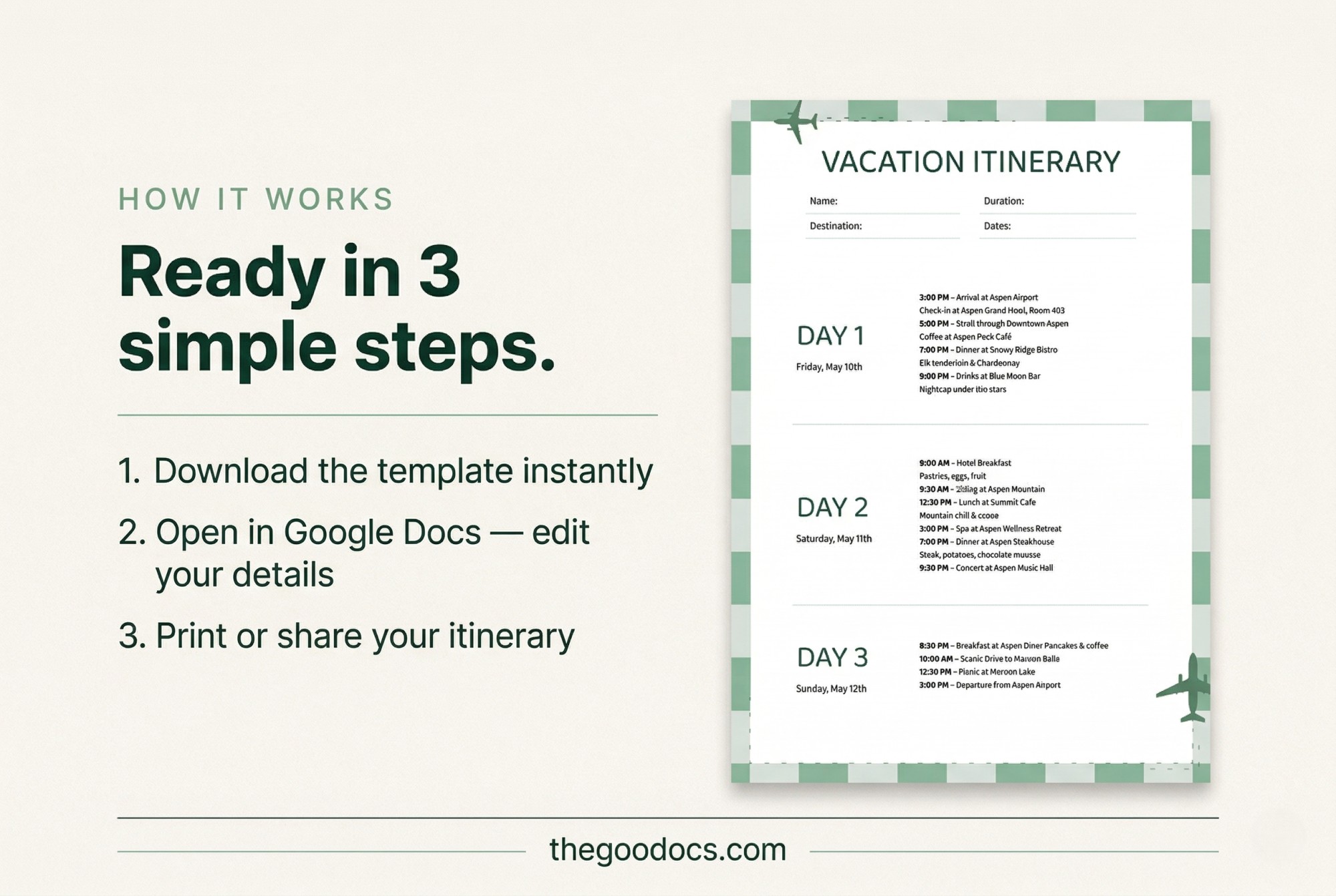 Preview of Weekend Vacation Itinerary Template for Google Docs and Microsoft Word - View 4