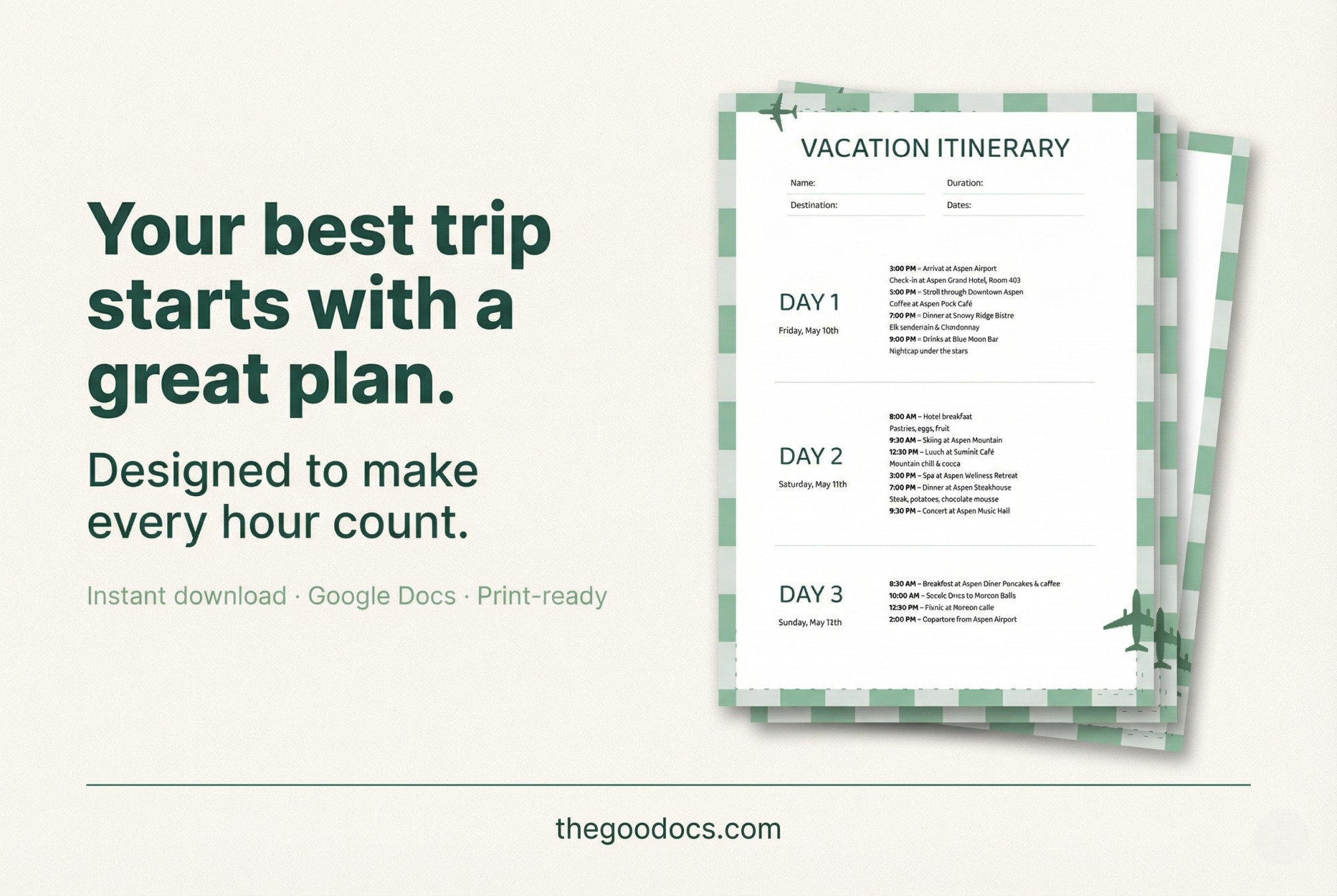 Preview of Weekend Vacation Itinerary Template for Google Docs and Microsoft Word - View 5