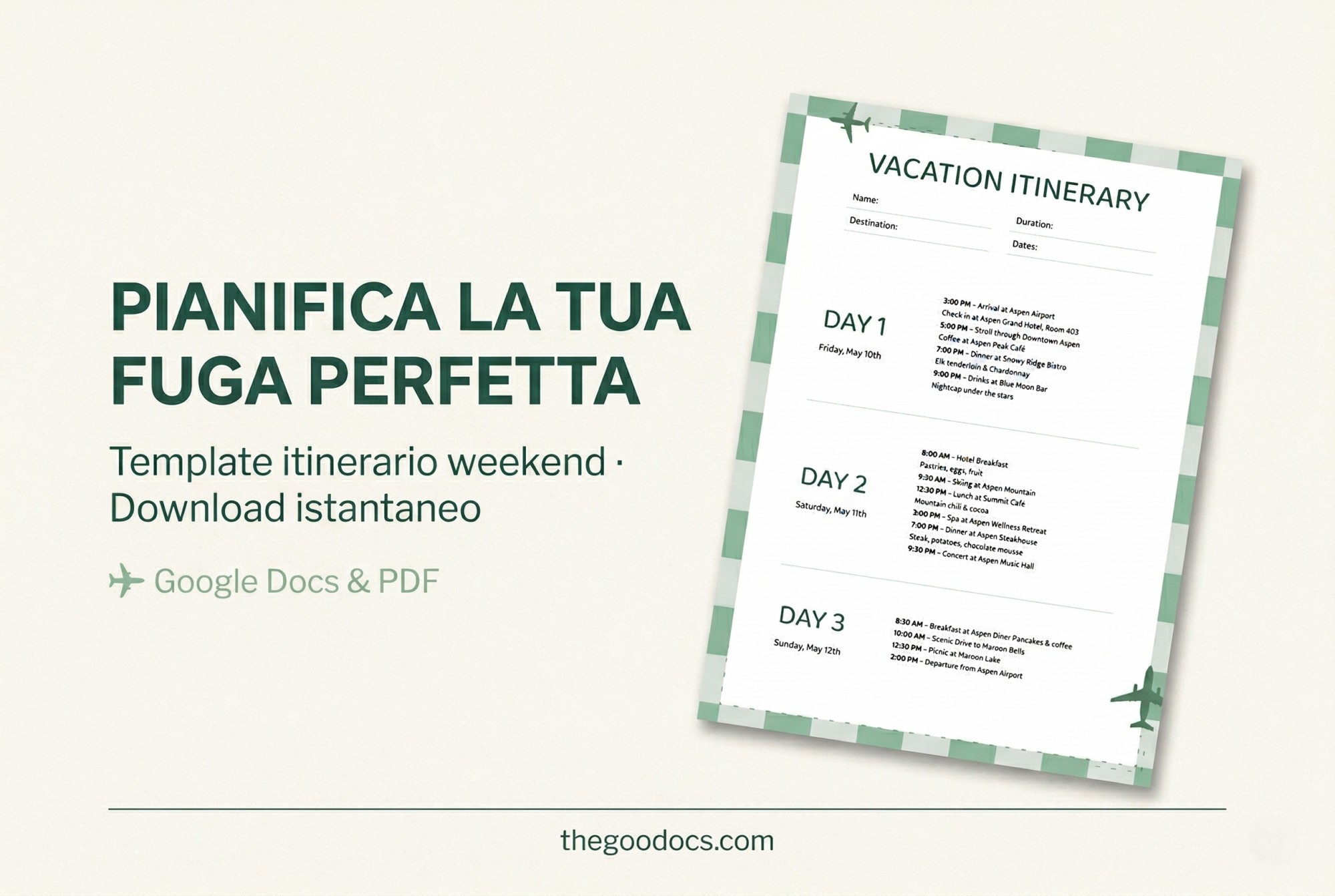 Anteprima di Modello di itinerario per una vacanza nel fine settimana per Google Docs and Microsoft Word - Visualizza 1