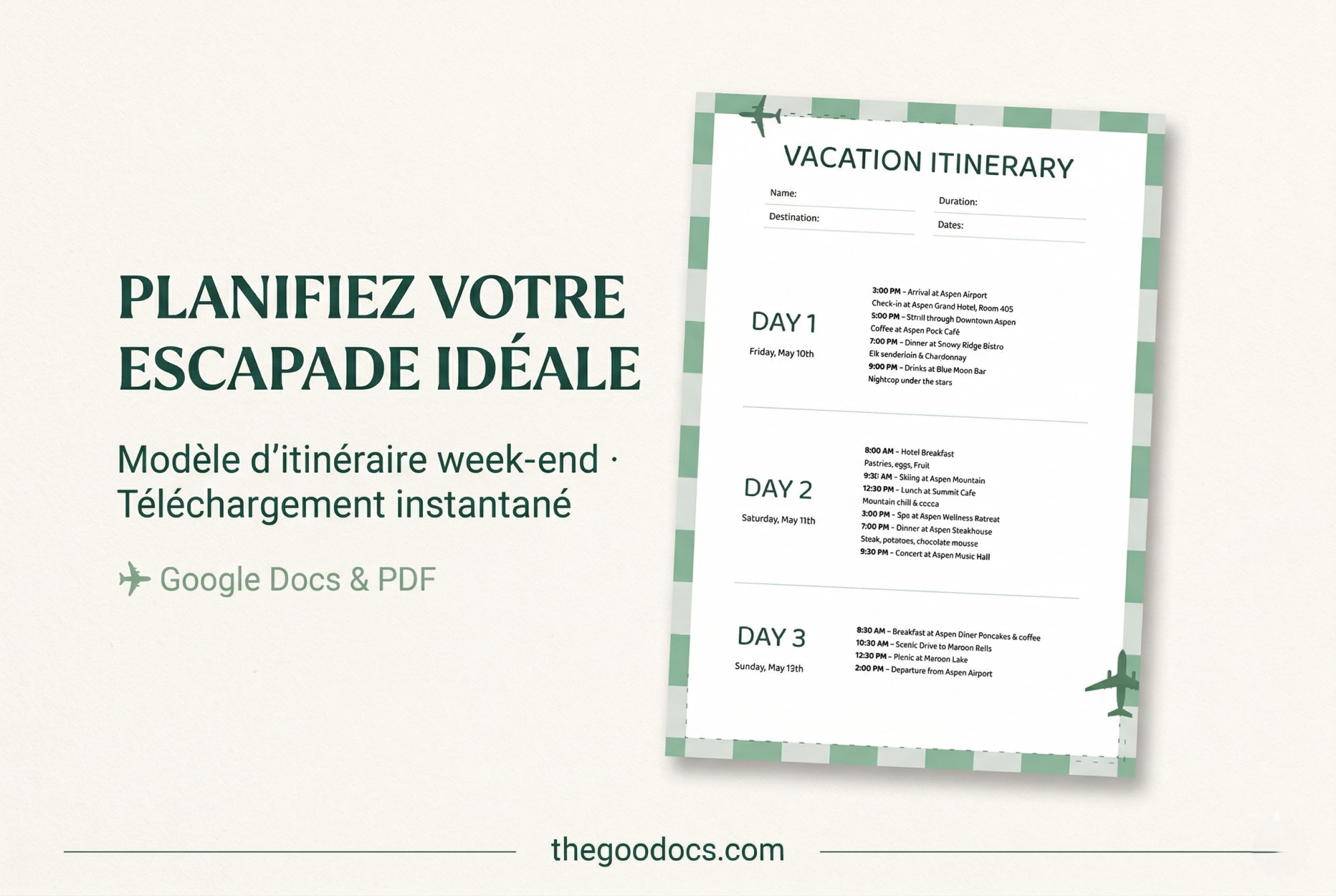 Aperçu de Modèle de programme de vacances de week-end pour Google Docs and Microsoft Word - Voir 1