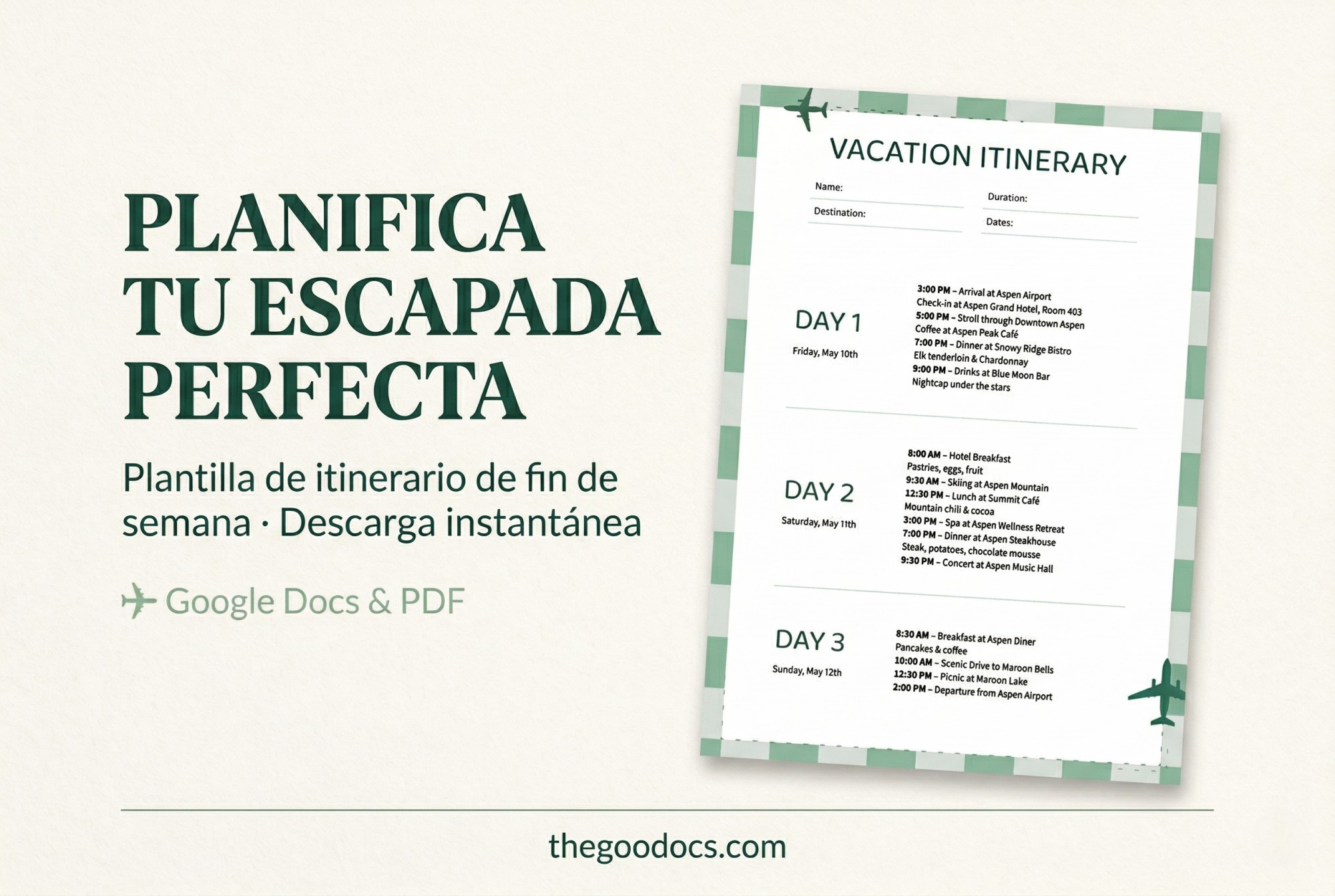 Vista previa de Plantilla de Itinerario de Fin de Semana para Vacaciones para Google Docs and Microsoft Word - Ver 1