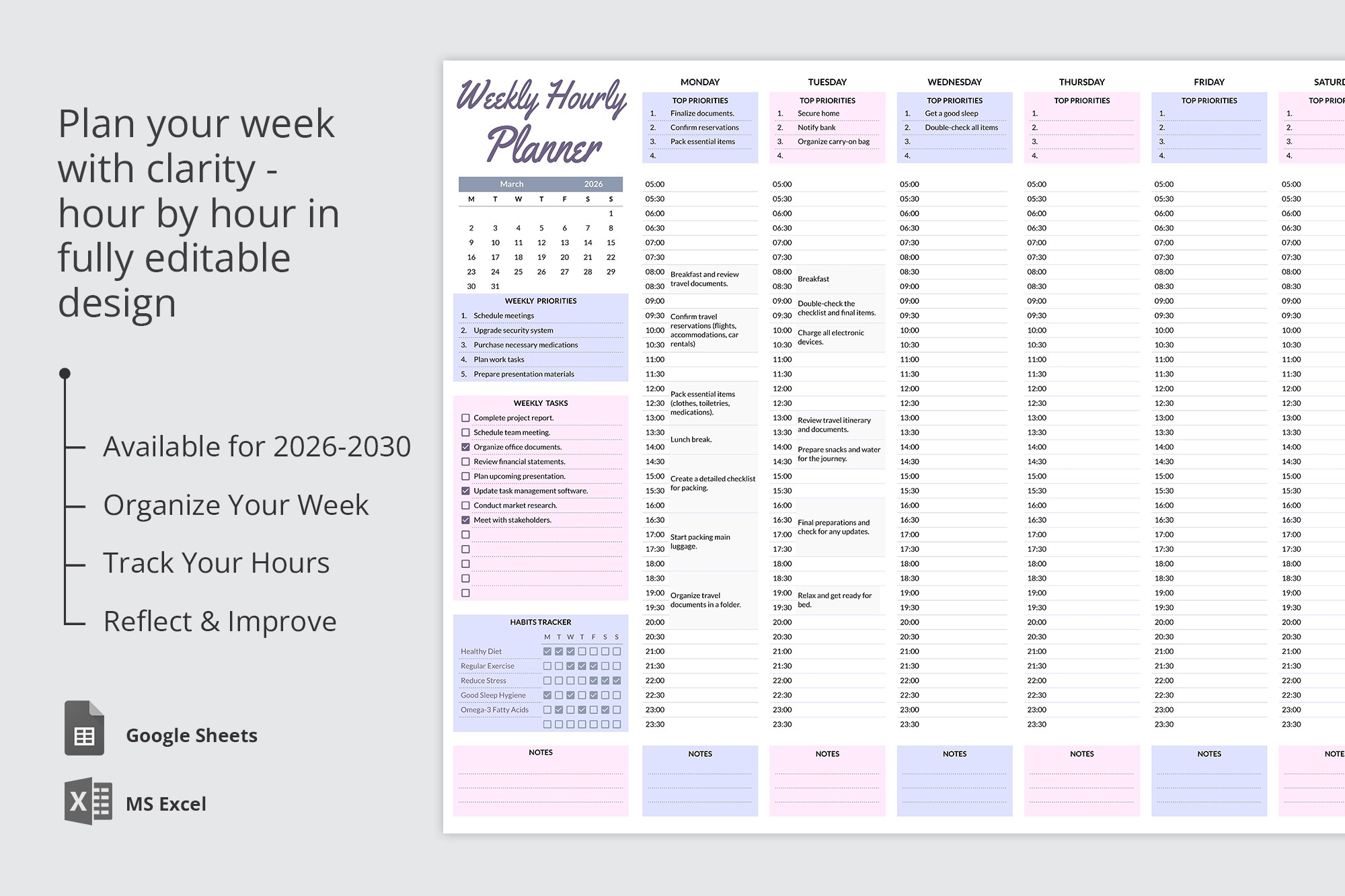 Pré-visualização de Agenda Semanal Por Hora para Google Sheets and Microsoft Excel - Ver 4