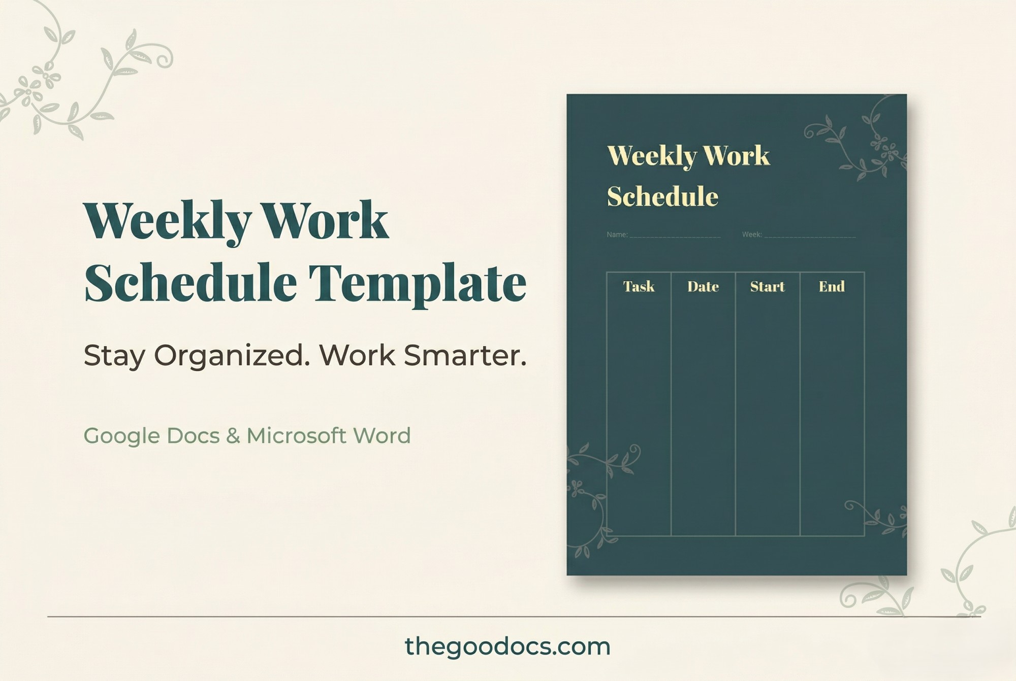 Preview of Weekly Work Schedule for Google Docs and Microsoft Word - View 1