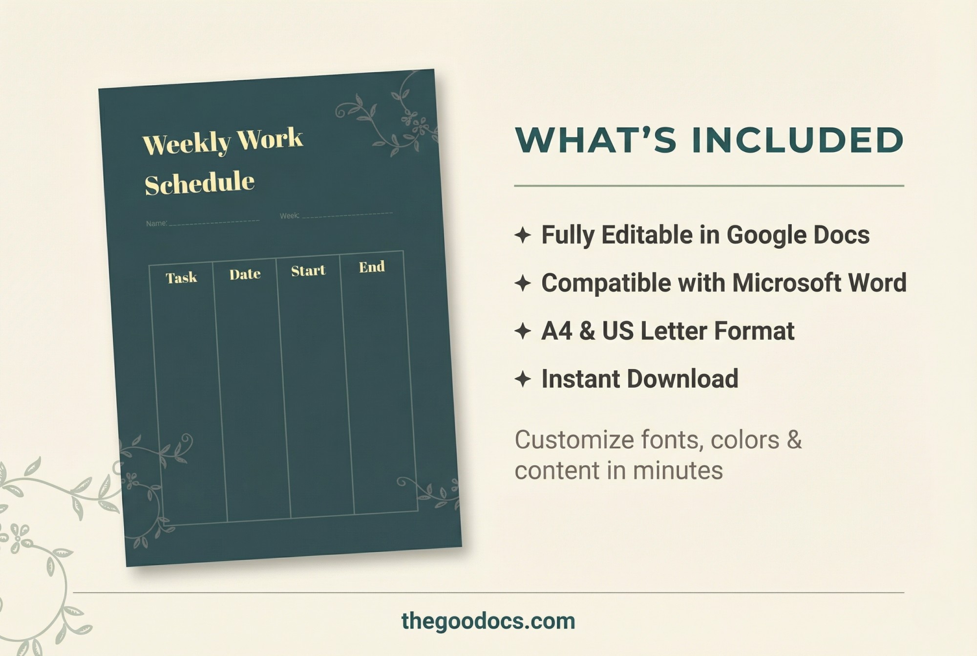 Preview of Weekly Work Schedule for Google Docs and Microsoft Word - View 2