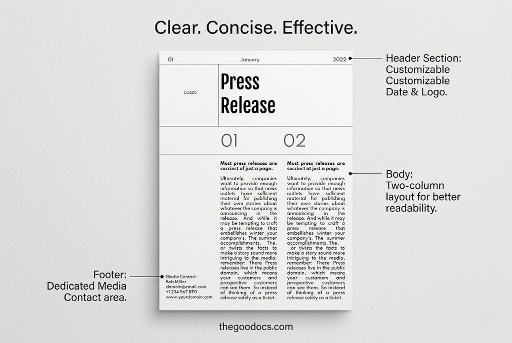 Anteprima di Comunicato stampa semplice e bianco. per Google Docs and Microsoft Word - Visualizza 2
