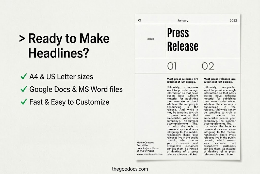 Anteprima di Comunicato stampa semplice e bianco. per Google Docs and Microsoft Word - Visualizza 5