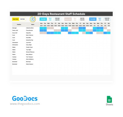 20-tägiger Zeitplan für das Restaurantpersonal Vorlage