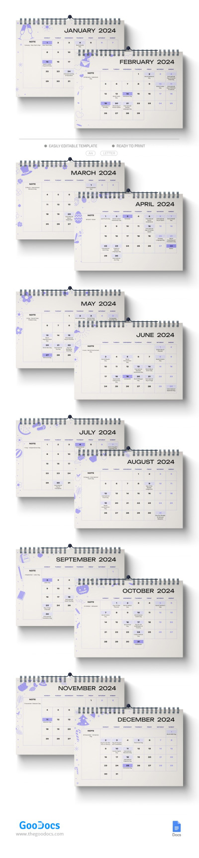 2024 Holidays Calendar Template