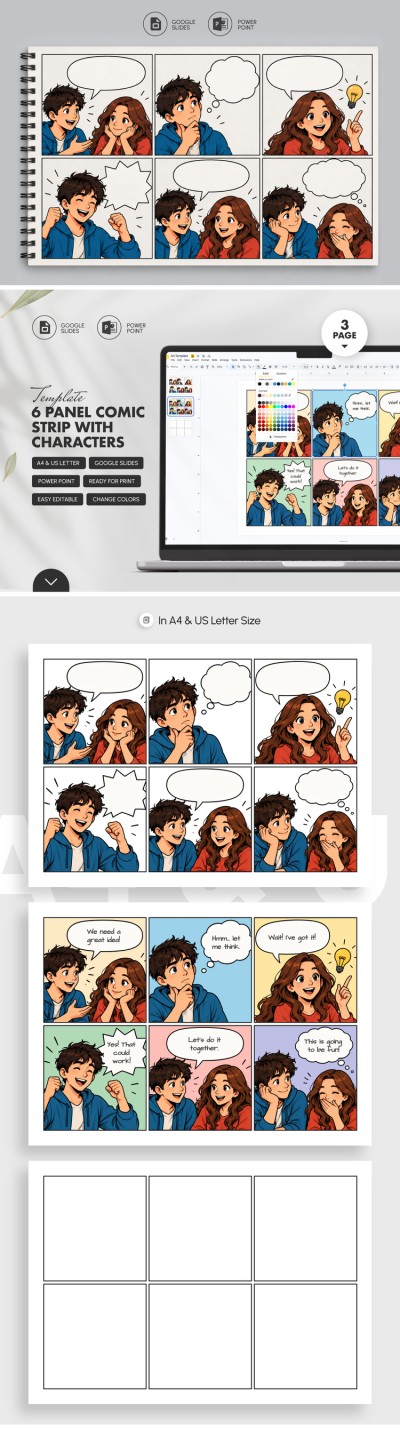 6 Panel Comic Strip Vorlage mit Charakteren Vorlage