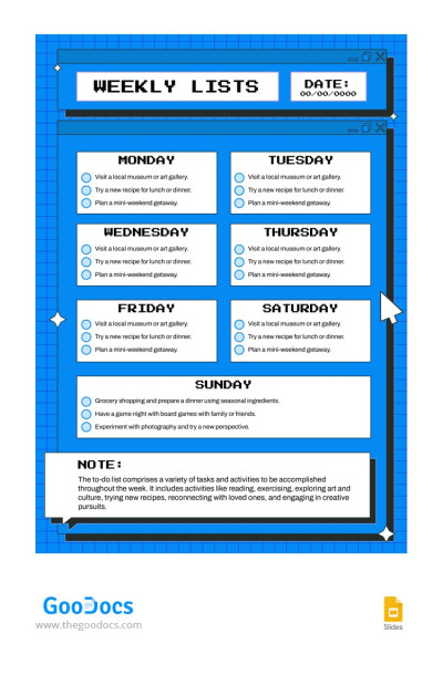 90's Bright Blue Weekly List Template