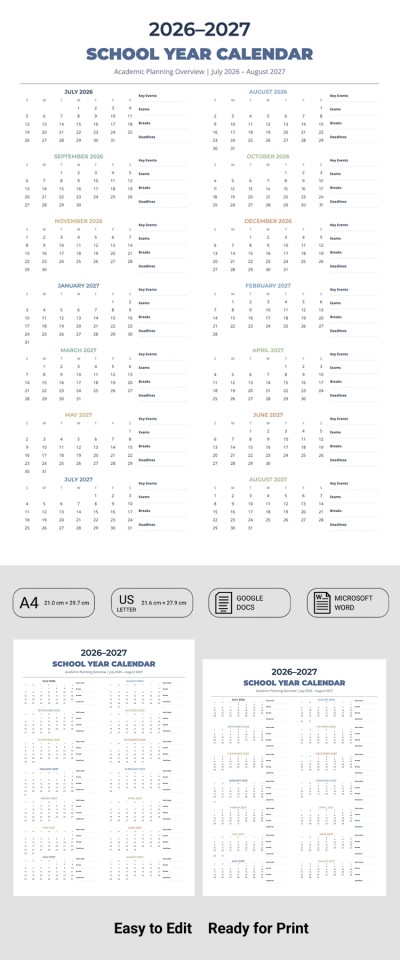 Plantilla de calendario académico 2026-2027 Plantilla