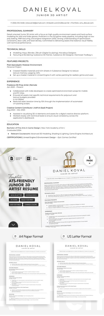 CV d'artiste 3D junior adapté pour les ATS Modèle
