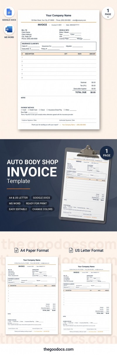 Auto Body Shop Invoice Template Template
