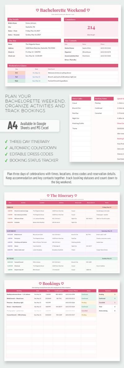 Bachelorette Itinerary Spreadsheet Template