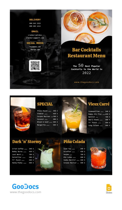 Menu du bar à cocktails et du restaurant Modèle