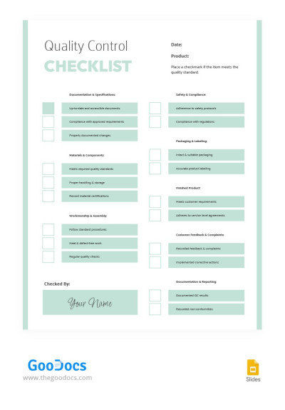 Basic Quality Control Checklist - Quality control Checklists