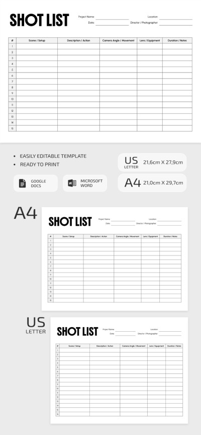 Basic Shot List Template Template