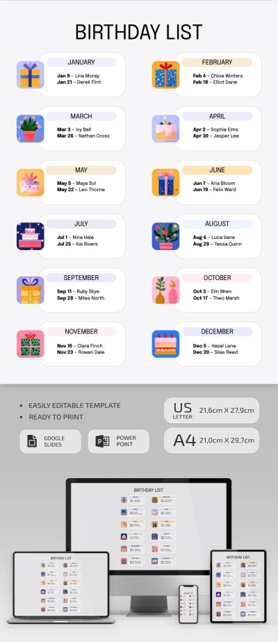 Illustrated Birthday List Template Template