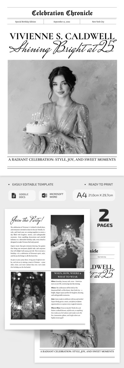 Plantilla de periódico de cumpleaños - Idea de regalo personalizada Plantilla