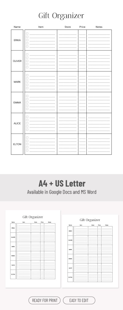 Birthday Wish List Template – Family & Friends Gift Organizer Template
