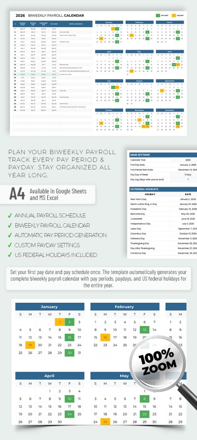 Plantilla de calendario de nómina quincenal 2026 Plantilla
