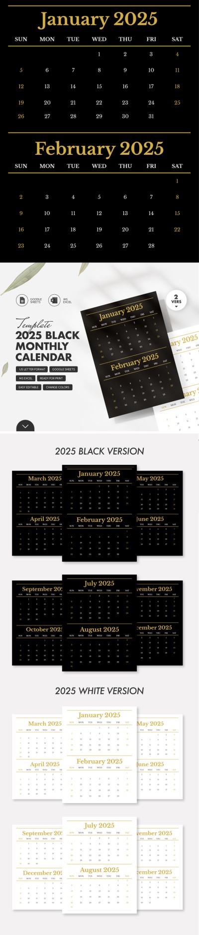 2025 Black Monthly Calendar Template