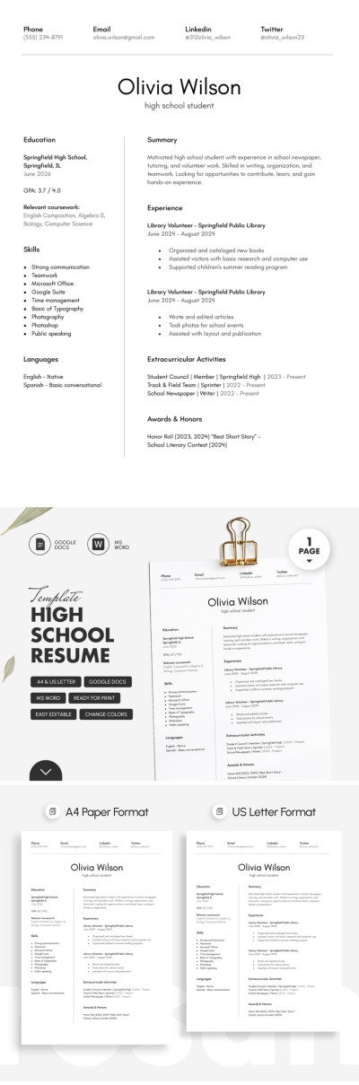 Modello di curriculum scolastico in bianco e nero per la stampa Modello