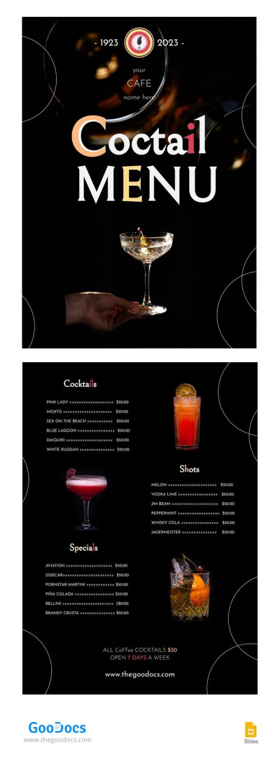 Schwarze Cocktail-Restaurant-Speisekarte Vorlage