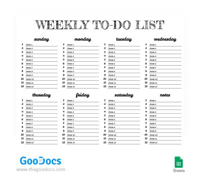 Lista de tareas semanales en blanco y negro. Plantilla