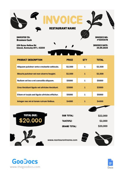 Black & Yellow Restaurant Invoice Template