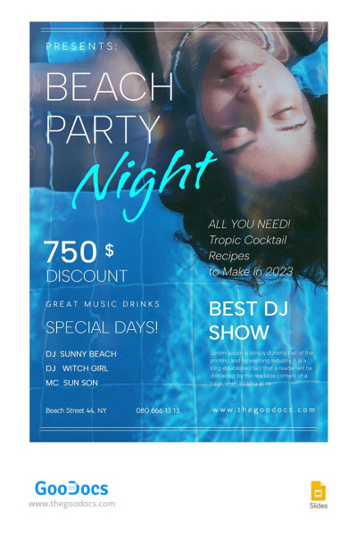 Flyer notturno per la festa sulla spiaggia blu. Modello