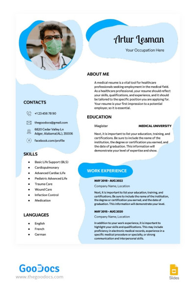 Currículum de Profesional Médico Azul Plantilla