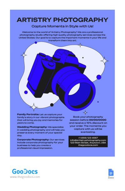 Flyer de Fotografia Minimalista Azul Modelo