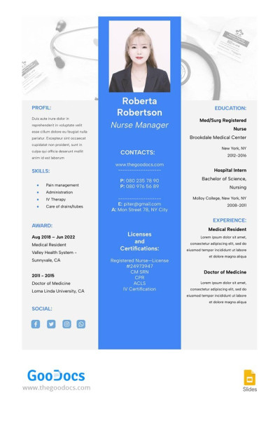 Blauer Krankenpflege-Manager-Lebenslauf Vorlage