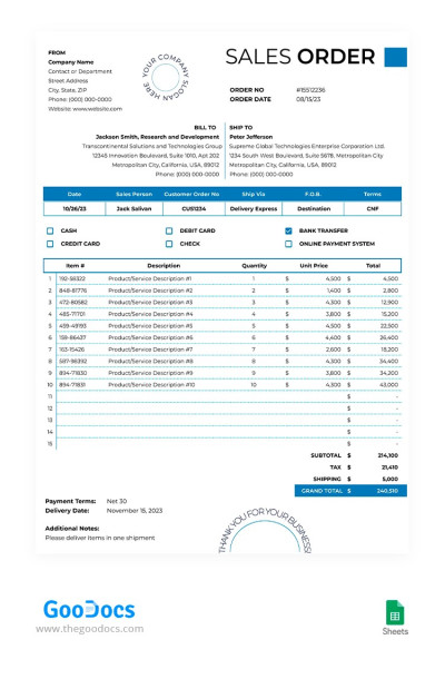 Orden de venta azul Plantilla