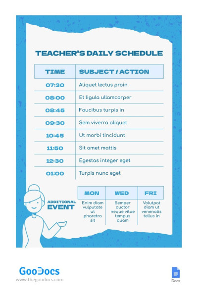Horaires de classe du professeur en bleu vif - Horaires des cours de l'enseignant.