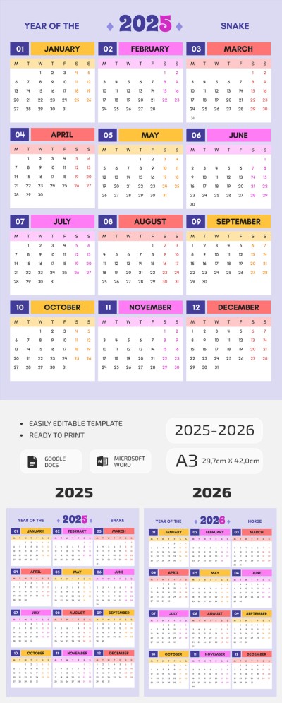 Calendario Brillante 2025-2026 Plantilla