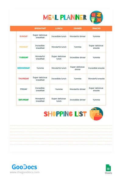 Planificador de comidas semanal brillante Plantilla