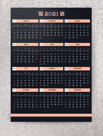 Calendrier annuel noir 2021 Modèle