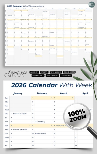 Calendar With Week Numbers Template