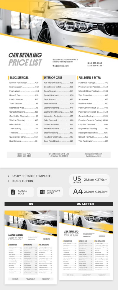 Car Detailing Price List Template Template