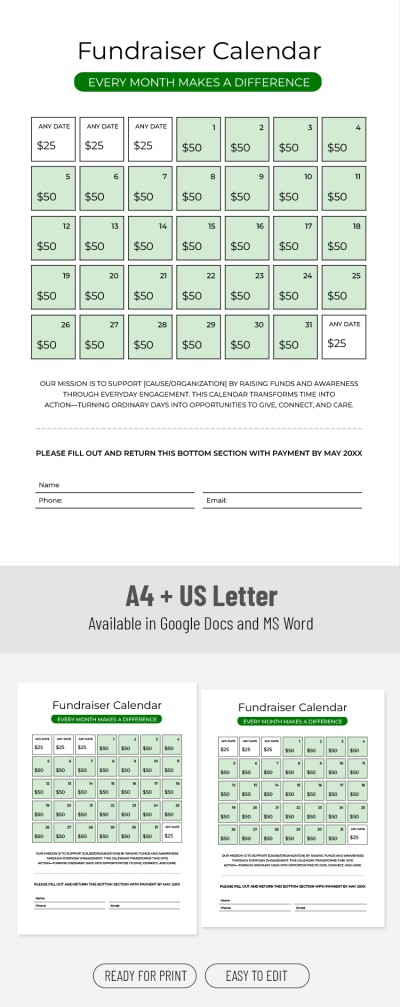 Cash Fundraiser Calendar Template Template