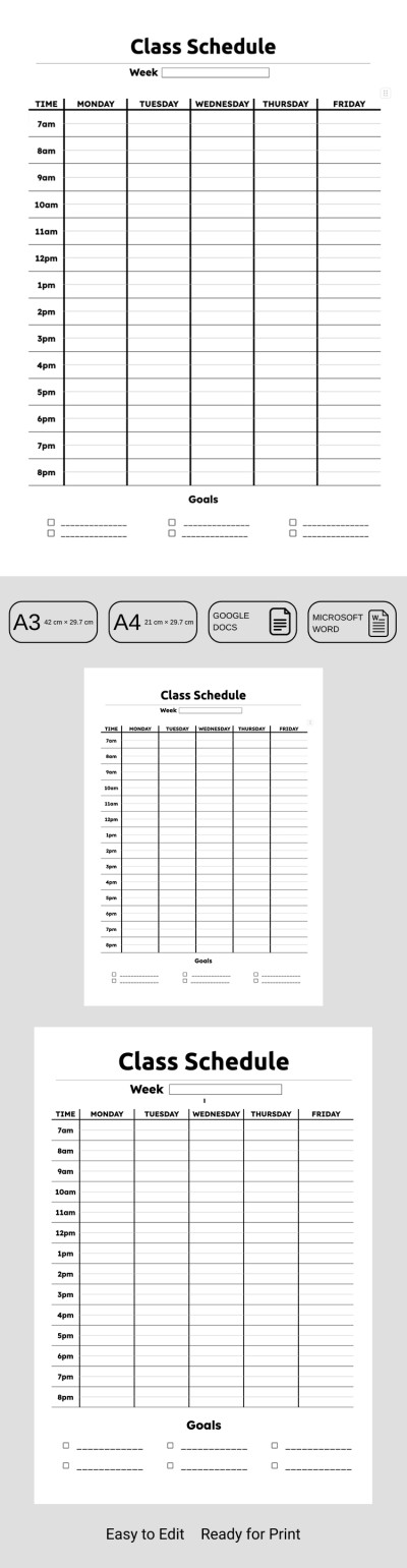 Class Schedule Template – Weekly Planner for Students Template
