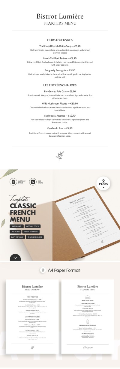 Modello di menu classico francese Modello