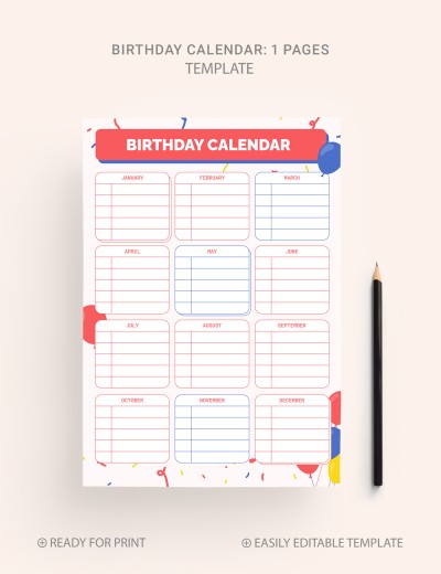Calendario de Cumpleaños Colorido Plantilla